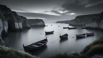 Moored Boats Resting in a Calm Bay with Rocky Cliffs photo