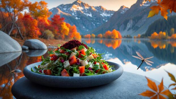 Fresh Salad Displayed on Stone Slab with Mountain Lake View photo