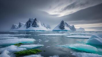 Icy Landscape with Snow-capped Mountains and Floating Icebergs photo