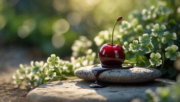 Cherry with Chocolate Drizzle on Stones Surrounded by Clover Plants photo