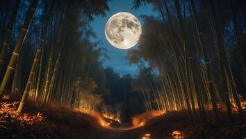 Full Moon Rising Above a Forest Path with Subtle Glowing Lights photo