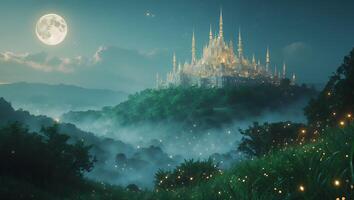 Castle on Hill at Night with Moon and Foggy Landscape photo