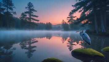 Heron Bird Standing on Mossy Rock at Misty Lake Sunset photo
