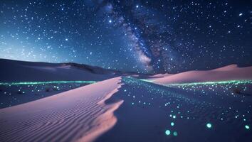 Desert Sand Dunes Under Starry Night Sky with Glowing Lights photo