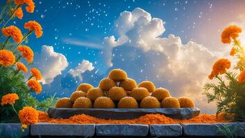 Pile of Round Sweets with Orange Flowers and Cloudy Sky photo