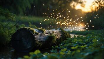 Mossy Log Laying by a Stream with Glimmering Light Effects photo