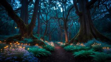 Walking Path Through Enchanted Forest with Glowing Lights and Ferns photo