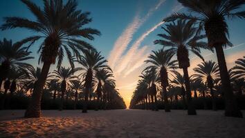 Palm Trees at Sunset with Sand Ground and Striped Clouds photo