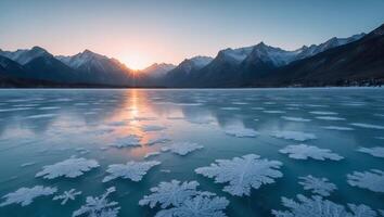 Frozen Lake with Ice Formations and Snowy Mountains at Sunrise photo