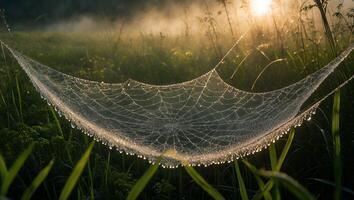 Spiderweb Covered in Dewdrops at Sunrise in a Grassy Field photo