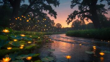 River Scene with Glowing Water Lilies and Fireflies at Twilight photo
