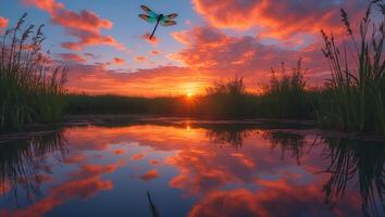 Dragonfly Flying Over Tranquil Pond at Sunset with Vibrant Reflections photo