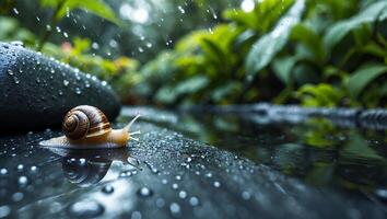 Snail Crawling on Wet Surface During Gentle Rainfall in Garden photo