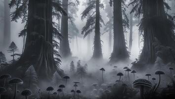 Exploring Foggy Forest with Tall Trees and Mysterious Mushrooms Growing photo