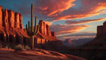 Cactus in Desert Landscape at Sunset with Dramatic Colorful Sky photo