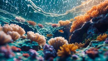 Exploring Coral Reef Underwater with Fish and Light Streaming Through Water photo