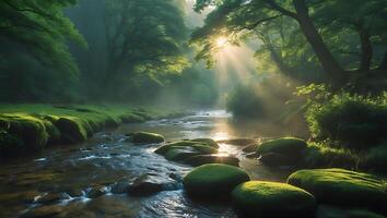 Stream Flowing Through Lush Green Forest with Sun Rays Bursting Through photo
