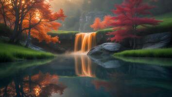 Waterfall Flowing Into Lake with Autumn Trees and Reflections photo