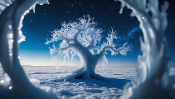 Frozen Tree Shines Under Starry Sky in Winter Wonderland Scene photo