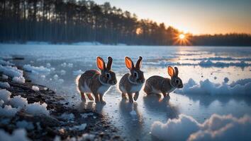 Three Rabbits Walking on Snowy Ice During Golden Winter Sunset photo