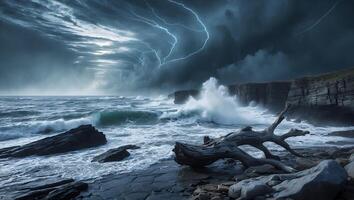 Stormy Ocean Waves Crashing on Rocky Coastline with Dramatic Lightning photo