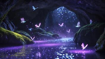Enchanting Cave Stream with Glowing Butterflies and Sparkling Water photo