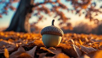 Acorn Resting on Fallen Leaves in Autumnal Forest Sunlight photo