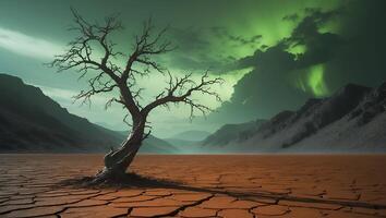 Solitary Tree on Cracked Earth Landscape with Dramatic Green Sky photo