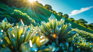 Glowing Crystals on Grassy Hillside Under Bright Sunlight and Blue Sky photo