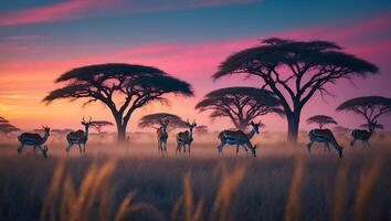 Antelope Herd Grazing in Savanna During Stunning Sunset Landscape photo