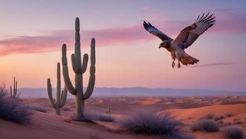 Hawk Flying Over Desert Landscape with Cacti at Sunset Scenery photo