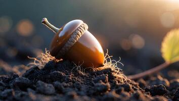 Acorn Resting on Rich Soil with Natural Light and Leaf photo