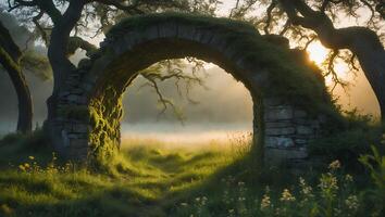 Mossy Stone Archway in Foggy Meadow at Sunrise photo