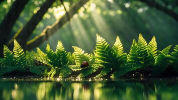 Ferns Reflecting in Water with Ladybug in Forest with Sunlight photo