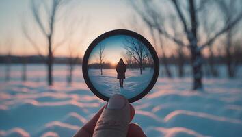 Person Walking in Snowy Winter Landscape Seen Through Lens in Hand photo