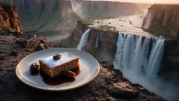 Cake with Dates on Plate Overlooking a Dramatic Waterfall Landscape photo