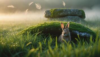 Rabbit Peeking Out From Grassy Mound in Foggy Meadow photo