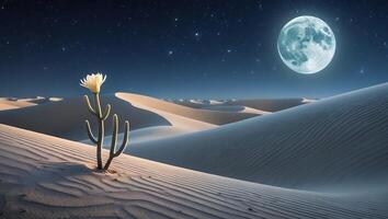 Blooming Cactus in Desert at Night Under Full Moon and Stars photo