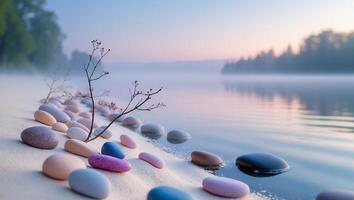 Tranquil Lakeside Scene with Colorful Stones and Foggy Sunrise photo