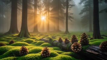 Pine Cones in Foggy Forest with Mossy Ground and Sunlight photo