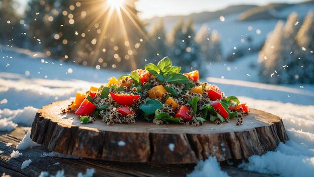 Quinoa Salad with Peppers Displayed on a Wooden Slab in Snow photo