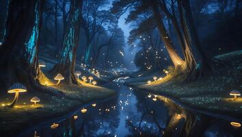 Glowing Mushrooms and Forest Stream in Dreamlike Night Landscape photo