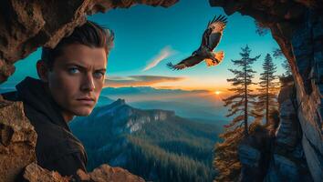 Man Looks Out From Cave As Hawk Flies Over Mountain Vista photo