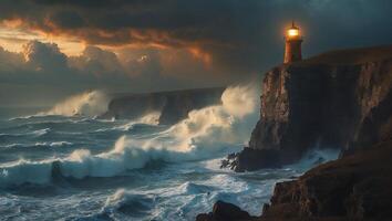 Lighthouse Beacon Illuminating Cliffs During Stormy Sea with Large Waves photo