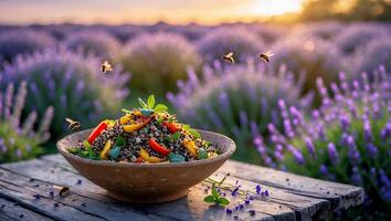 Serving Quinoa Salad in Lavender Field at Sunset with Flying Bees photo