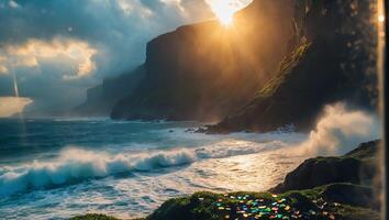 Crashing Waves on Coastal Cliffs with Sun Rays Breaking Through Clouds photo