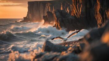 Seagull Taking Flight on Rocky Coastline During Golden Hour photo