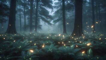 Walking Through Enchanted Forest with Fireflies and Ferns in Mysterious Mist photo