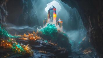 Glowing Crystals in Cave Formation with Mystical Light and Haze photo