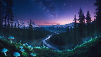 Glowing Mushrooms Illuminate a Mountain Forest Under the Starry Night Sky photo
